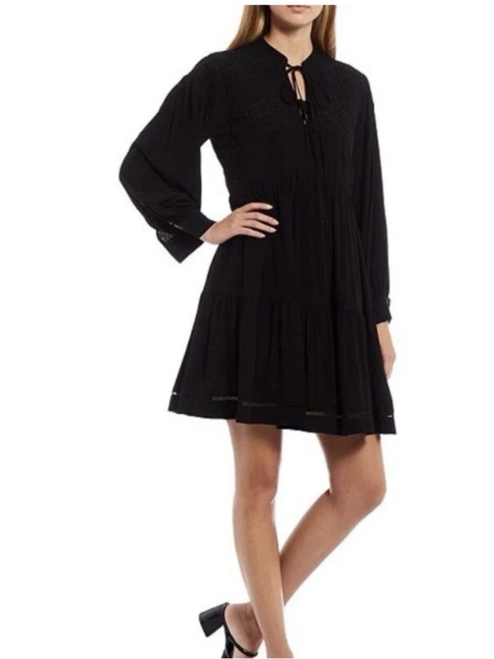 ANTONIO MELANI Sawyer Black Tie-Neck Long-Sleeve Mini Dress